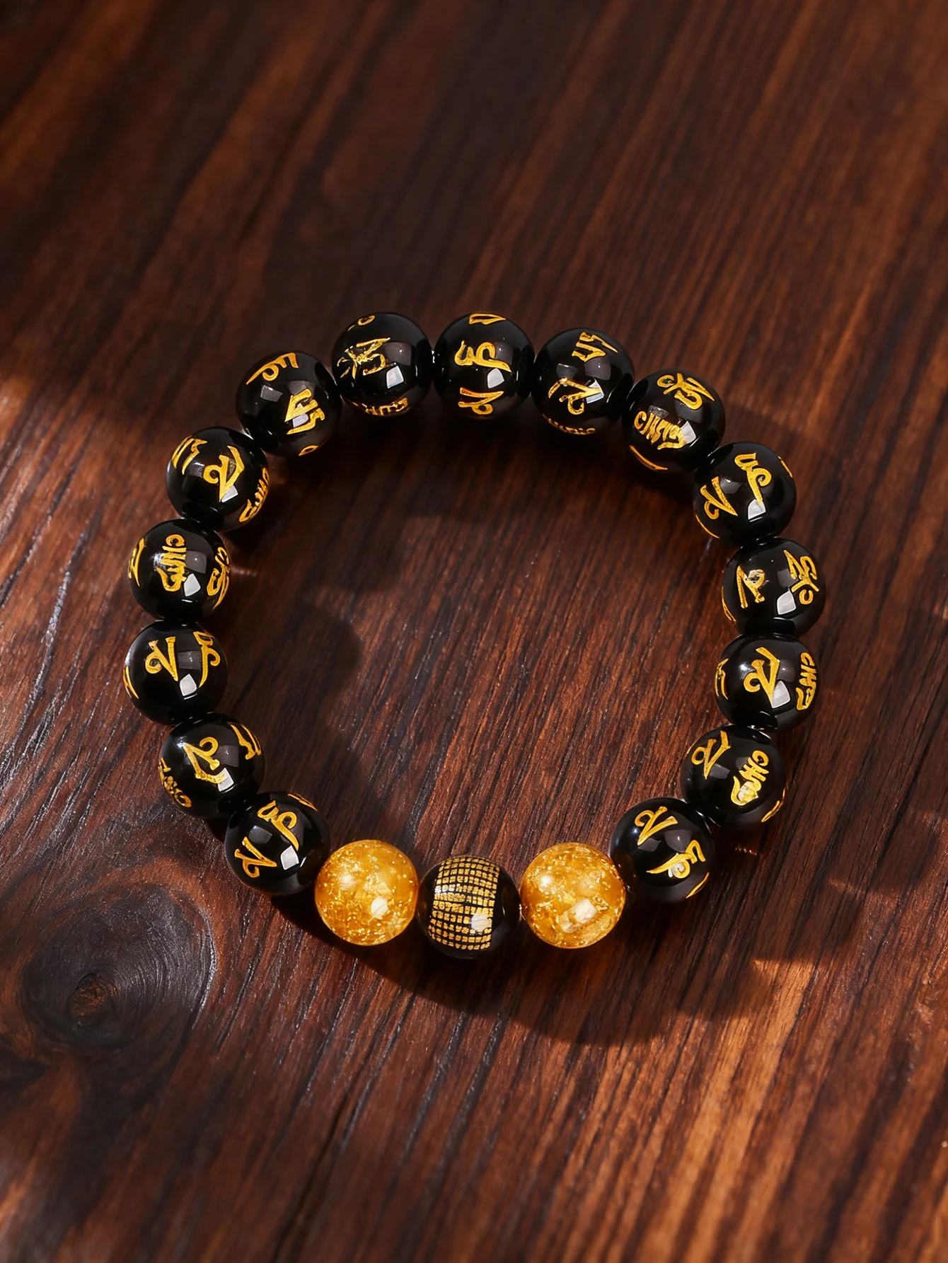 

Natural Black Onyx Bracelet For Protection & Vigour Six True Words Bead Heart Sutra Mala Buddhist Mantra Meditation Jewelry Gift