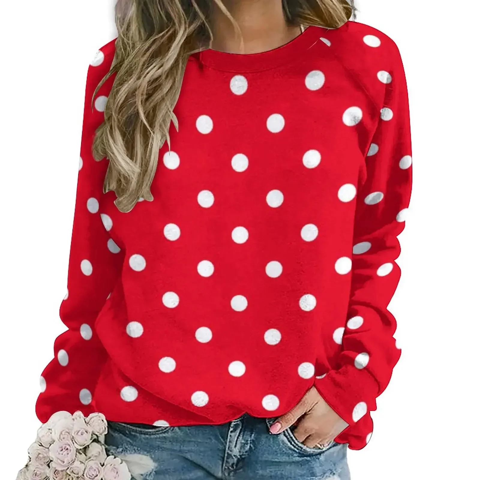 

Red with White Polka Dots Casual Hoodies Female Dot Spotted Circles Funny Hoodie Long Sleeve Hip Hop Oversize Sweatshirts