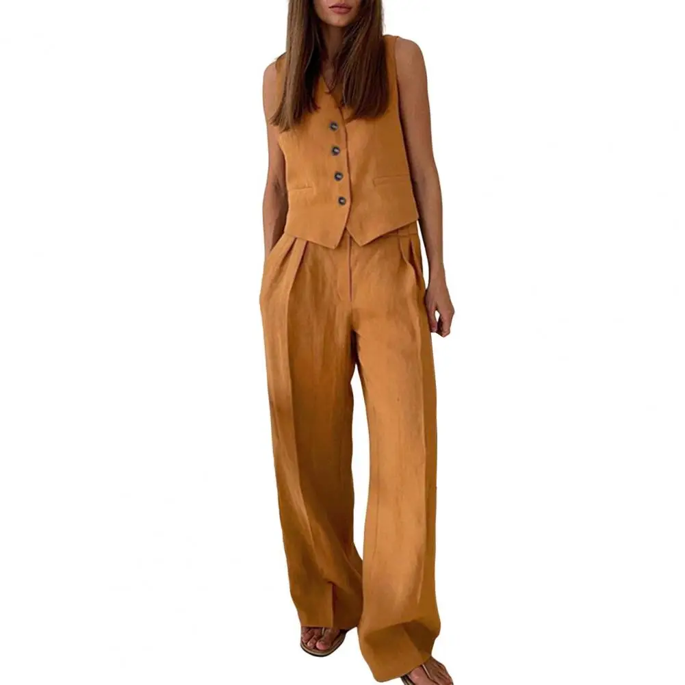 Ensemble deux pièces en lin et coton pour femme, pantalon imbibé, tenue de bureau chic, été