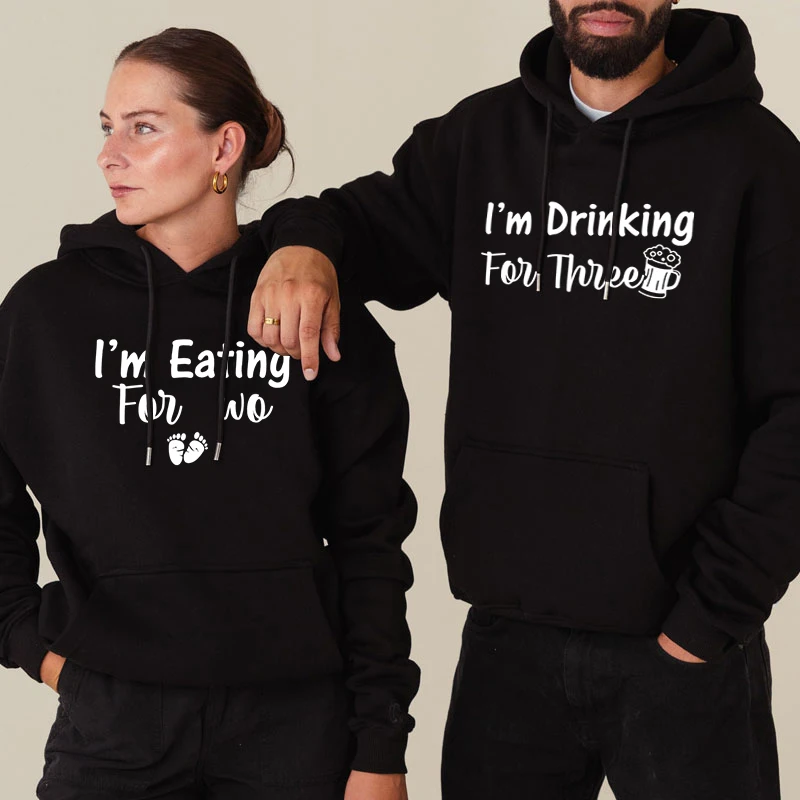 Couple's Clothing Eating for Two Funny Pregnancy Announcement Hoodies Drinking for Three Classic Hoodie Baby Reveal Hooded Shirt