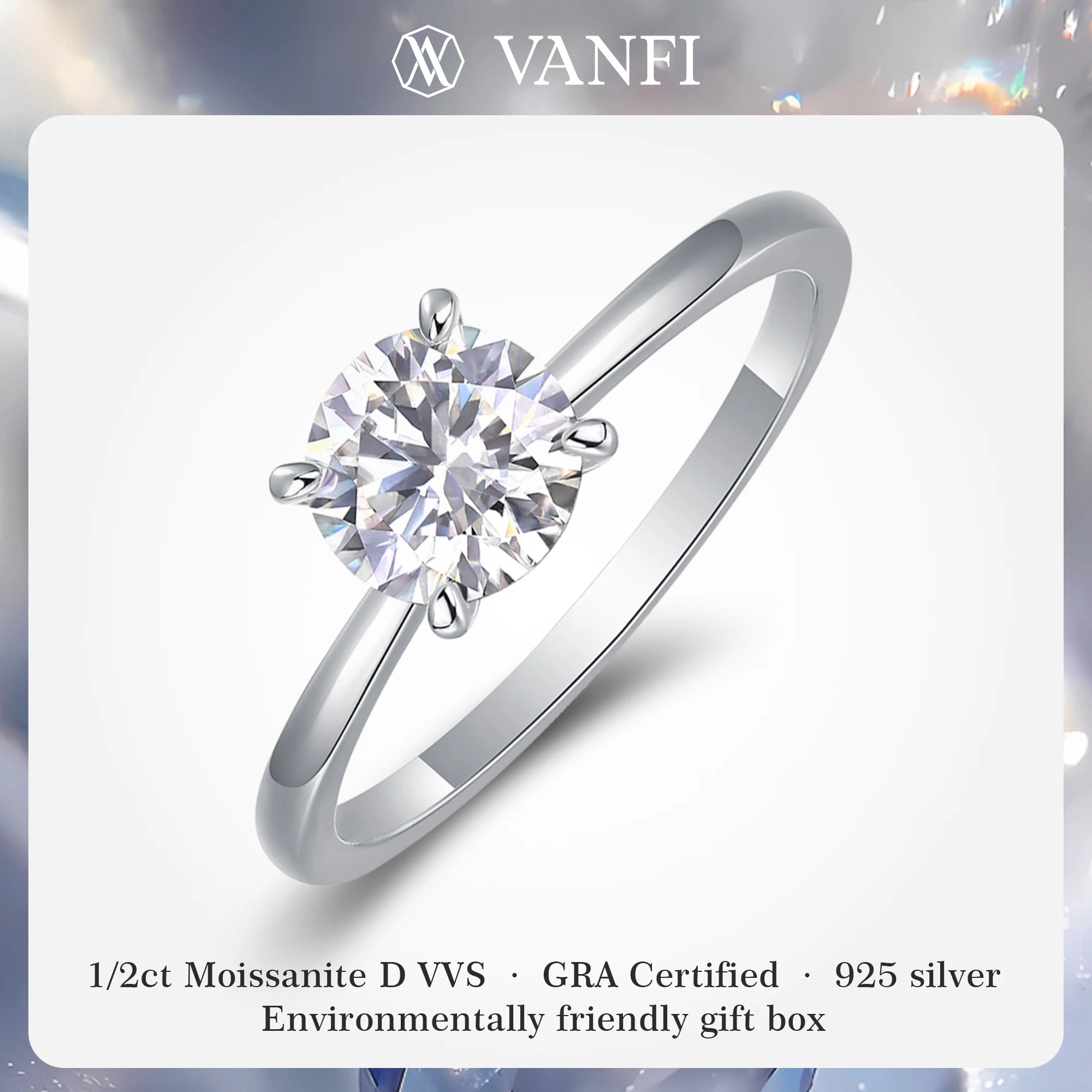 

kfvanfi 1ct moissanite D VVS GRA s925 sterling silver lab diamond women's ring white gold plated engagement wedding jewelry