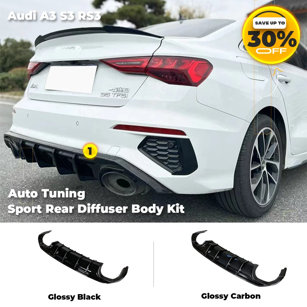 

Задний диффузор Audi для Audi 2021-2024 A3 S3 RS3, спортивные комплекты для тела, глянцевый углеродный черный задний бампер, обновленные аксессуары для губ