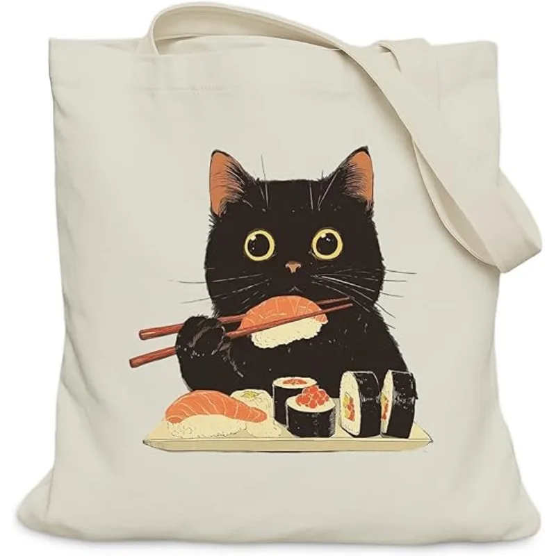 Cartoon Black Cat Shoulder Bag Funny Noodle Sushi Cat Shoulder Bag Women's Daily Shopping Bag Portable Foldable Tote Bag view 3