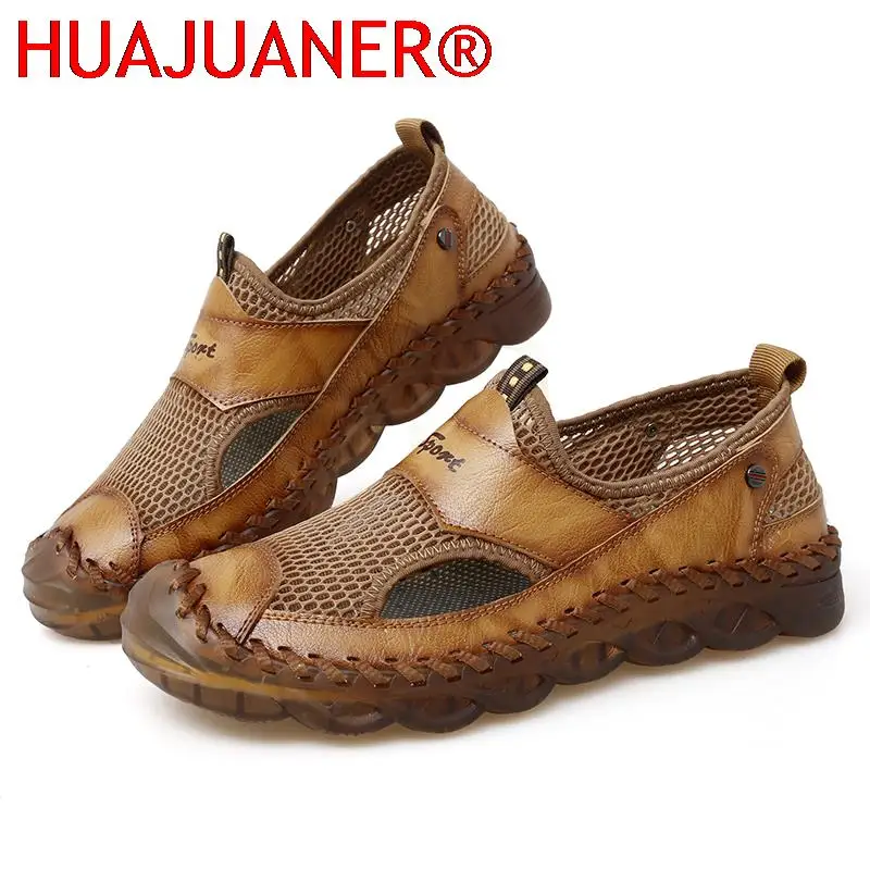 2025 Genuine Leather Net Surface Men Shoes New Summer Large Size Men's Sandals Men Beach Sandals Sandals Slippers Big Size 38-47