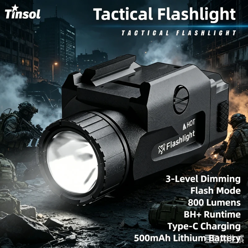 

TINSOL 800LM Powerful Tactical Light 4 Mode USB Rechargeable Quick Release Outdoor Picatinny Rail Mount for Wargame Model