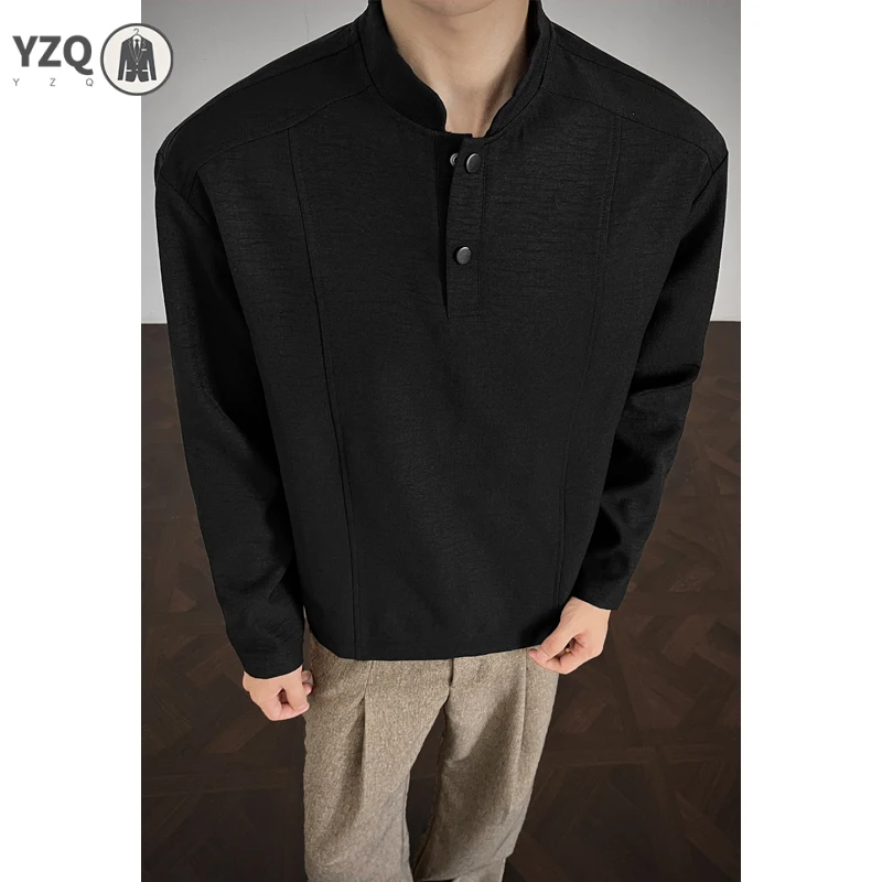 Male Lightweight Woven Long Sleeve Shirt Stand Mandarin Collar Half Button Detail Loose Silhouette For Vacation Daily Look
