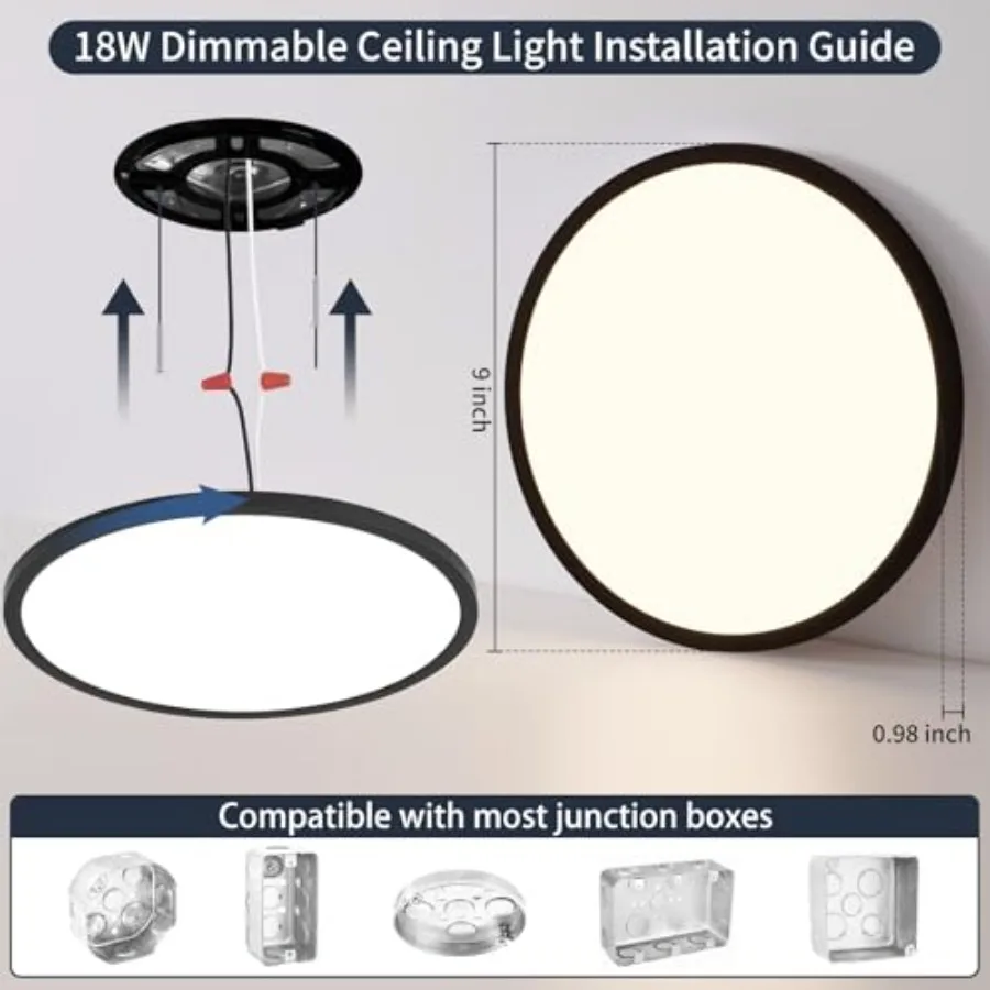 Flush Mount Ceiling Light, 5 Color Adjustable Slim 18W 1800LM 2700K-6500K Wired LED Fixture, Modern Low Profile LED Ceilg Lamp