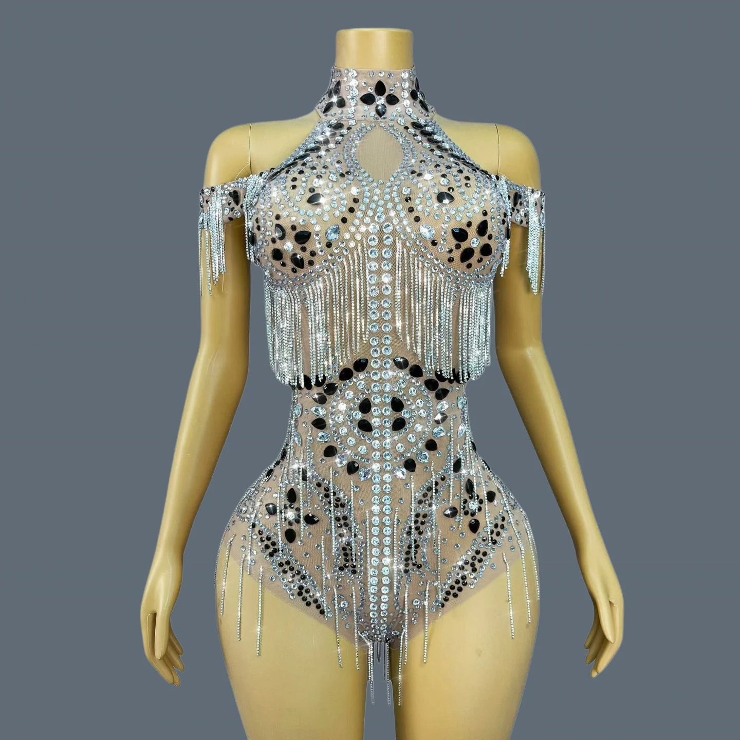 

Luxury Sparkly Rhinestone See Through Mesh Bodysuit Women Celebrate Party Tassel Outfit Drag Queen Performer Wear Shuiliandong