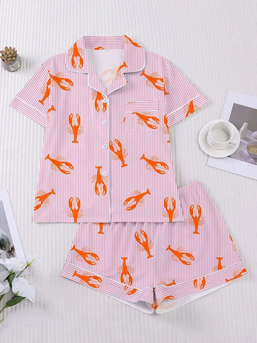 

2pcs Spring/Summer Women's Sleepwear Set, Striped Lobster Print Personalized Style, Romantic Gift, Comfortable Shirt Collar Shor