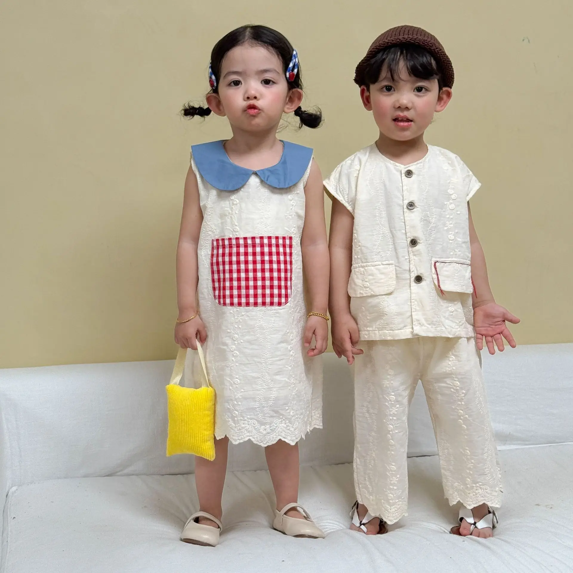 

2026 Summer New Children Sleeveless Clothes Set Boys Embroidery T Shirts + Trousers 2pcs Suit Cotton Girls Lapel Vest Dress