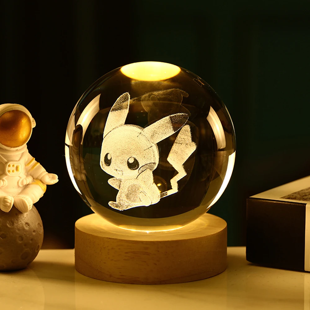 6cm 3D Crystal Ball Pikachu Stitch Doraemon A Dream Hello Kitty Crystal Planet Night Light Laser Carving Children\'s Gifts