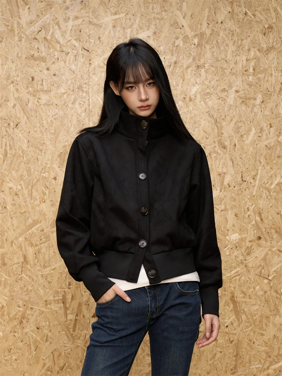 

Retro American Suede Jacket Women's Slim Fit Short Style Casual Outerwear Spring New Model Button Closure Long Sleeve Coat