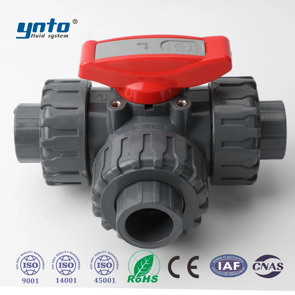 Lightweight Compact Double Union Manual 3-Way Ball Valve UPVC Chemical-Resistant Thermoplastic for Pipeline