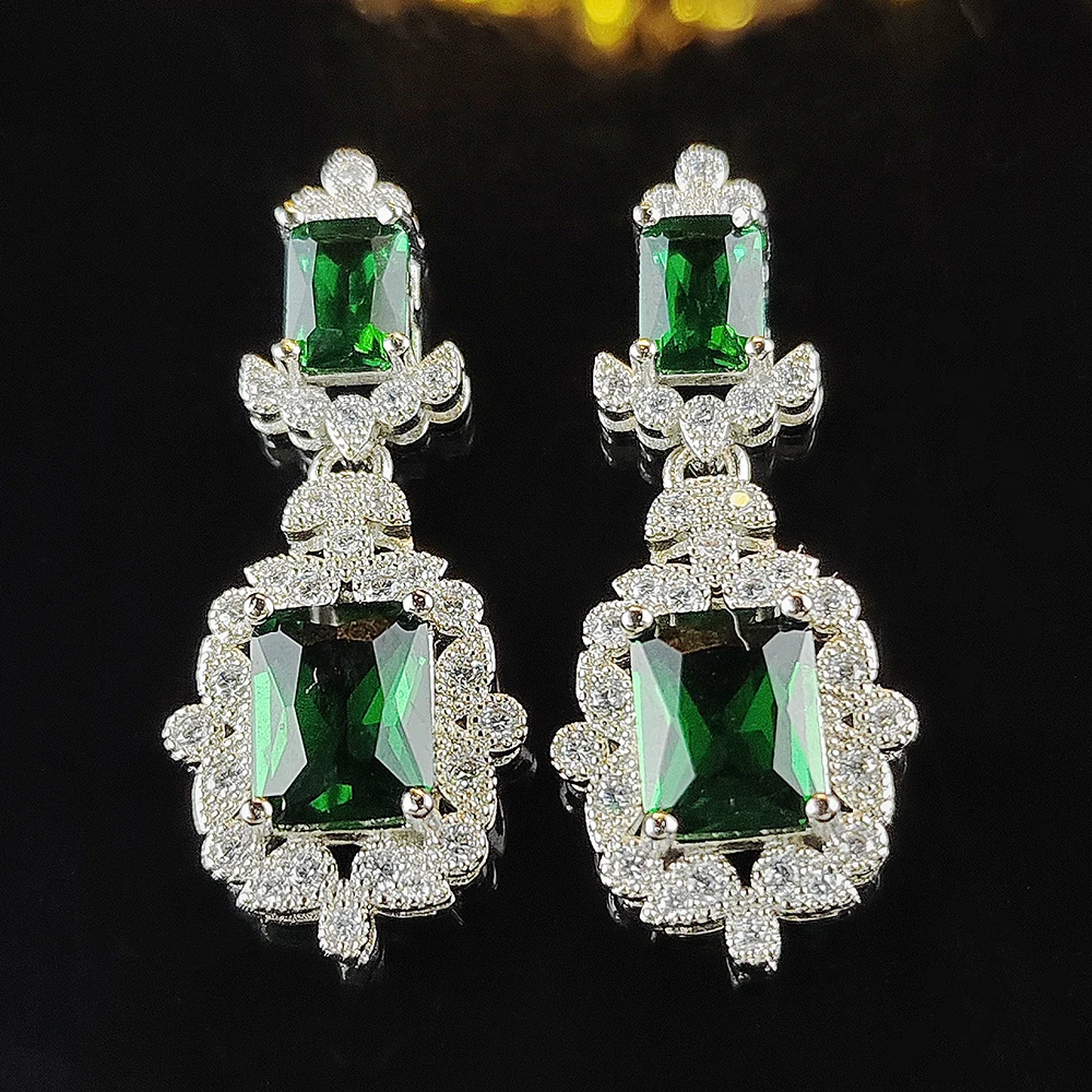 2024 New Luxury Green Color Rectangle silver color korean Earrings for Women Anniversary Gift Jewelry Wholesal E6522