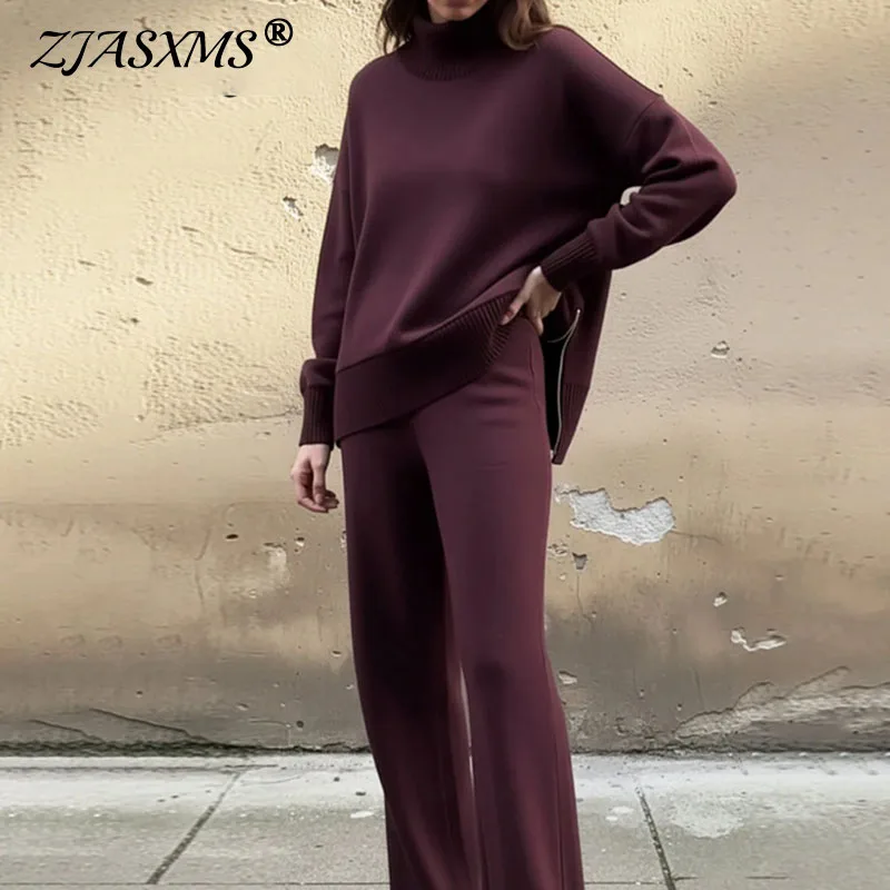 Frühling Rollkragen Sweatshirt & Casual Hosen Set Elegante Solide Patchwork Rippe Gestrickt Outfits Frau Lange Hülse Lose Herbst Anzüge