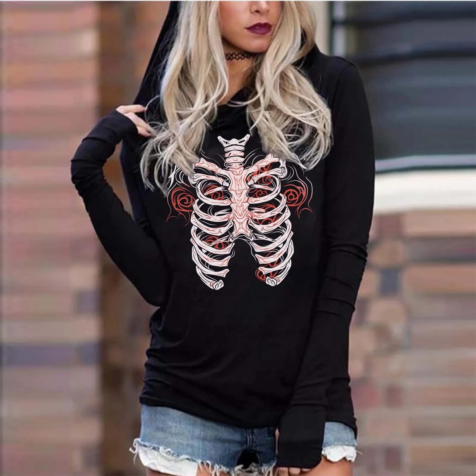 Ladies Fashion Casual Halloween Skeleton Print Long Sleeved Temperament Round Neck Fleece Tunics Women Plain Hoodies Teen Girls