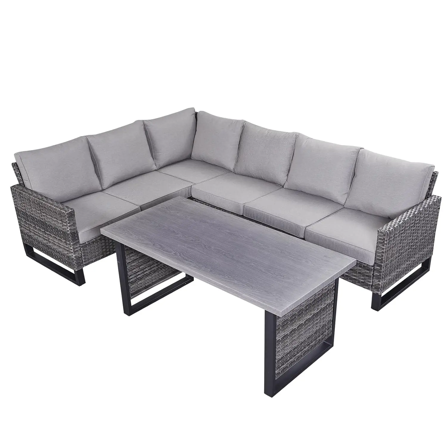 

6 Seater L Shape Outdoor Sectional Sofa Set Wicker Patio Table Removable Cushion, Customized