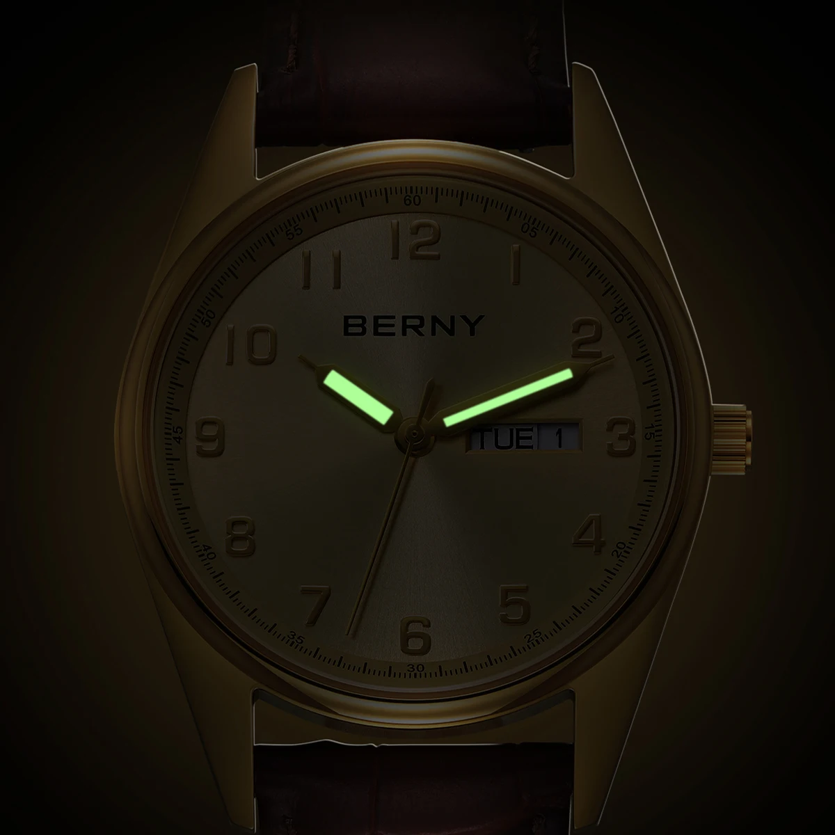 BERNY Gold Watches for Men Classic Date Week Luminous Luxury Golden Men\'s Dress Quartz Watch Elegant Lightweight Wristwatch