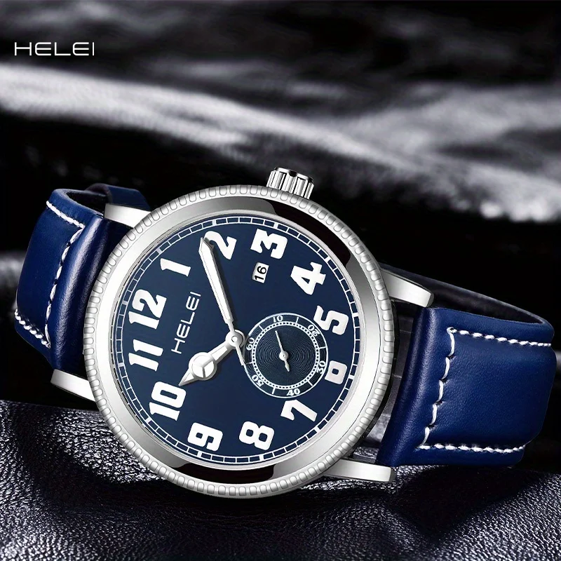 Helle Fashion Luxury Brand Leather Watch Band Watch Men's Advanced Waterproof Glow Watch Small Second Hand Design Casual