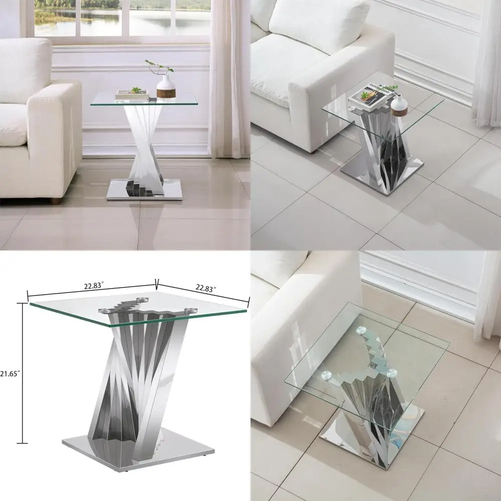 Stainless Steel and Tempered Glass Modern Side Table with Silver Mirror Finish