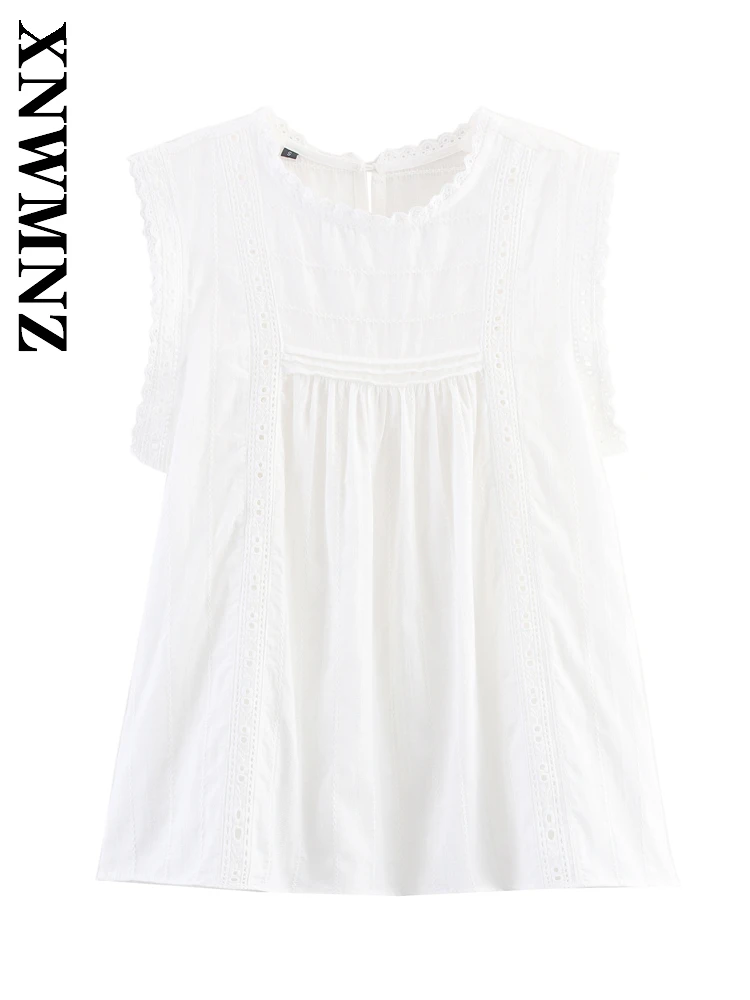 

XNWMNZ 2025 Summer Women Clothing Chic Fashion Ruffled Collar Sleeveless Hollow Out Casual Simple Woman's White Splicing Vest