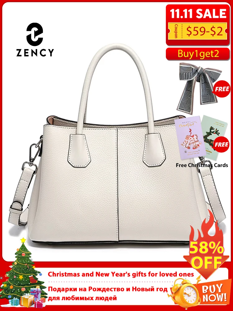 

Zency Women's Genuine Leather Top-Handle Bag Noble White Luxury Crossbody with Three Compartments for Daily Work And Shopping