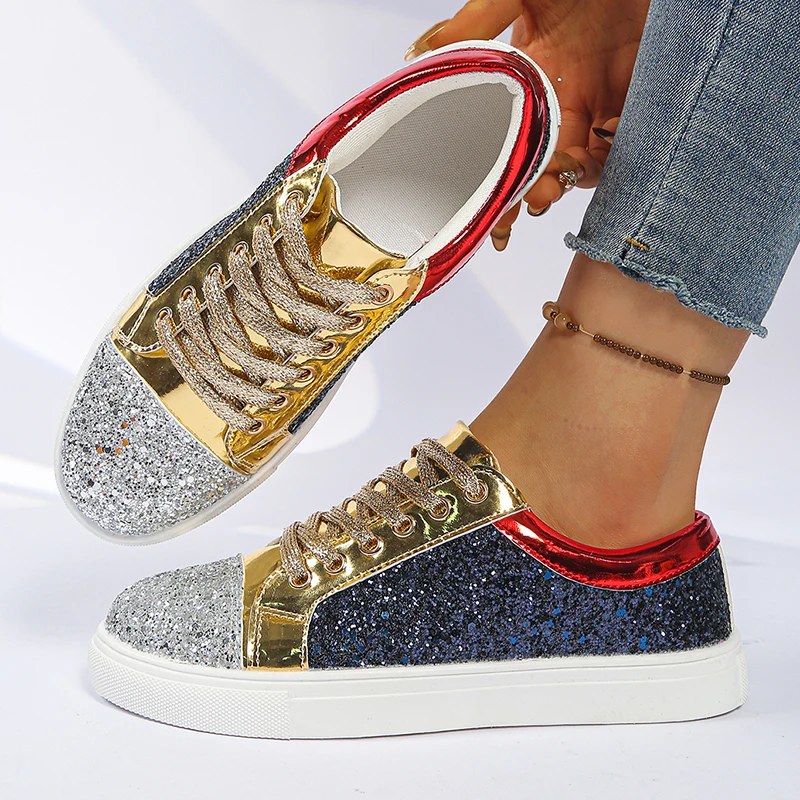 Luxury Multi Colored Glitter Platform Sneakers Women 2026 Spring Design Thick Sole Sport Shoes Woman Non Slip Flat Casual Shoes