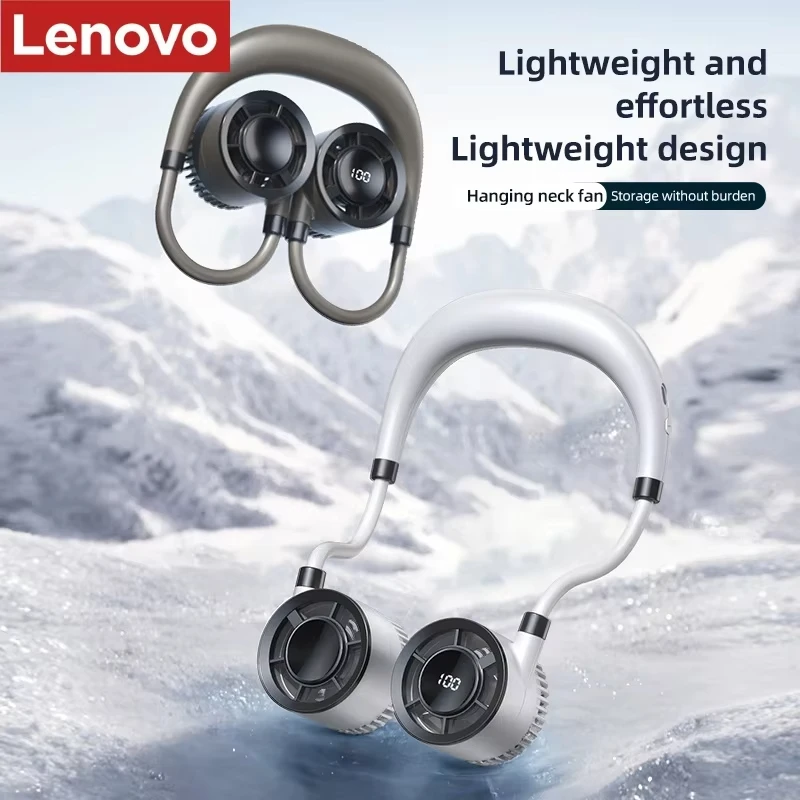 Lenovo Digital Display Nackenventilator, wiederaufladbar, 5000 mAh, tragbar, tragbarer Luftkühler, USB-Ventilator, für Outdoor-Sport, Reisen, als Geschenk
