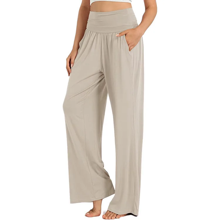 Casual Straight Leg High Waist Stretch Pants With Pockets Solid Loose Palazzo Pants 2024 Black White Lounge Trousers 