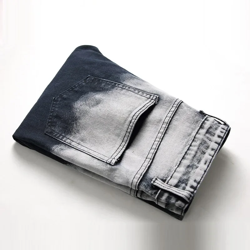 Men's New Zippered Ripped Jeans (without Belt) High Street Motorcycle Straight Slim Fit Casual Fashion Denim Trousers Male