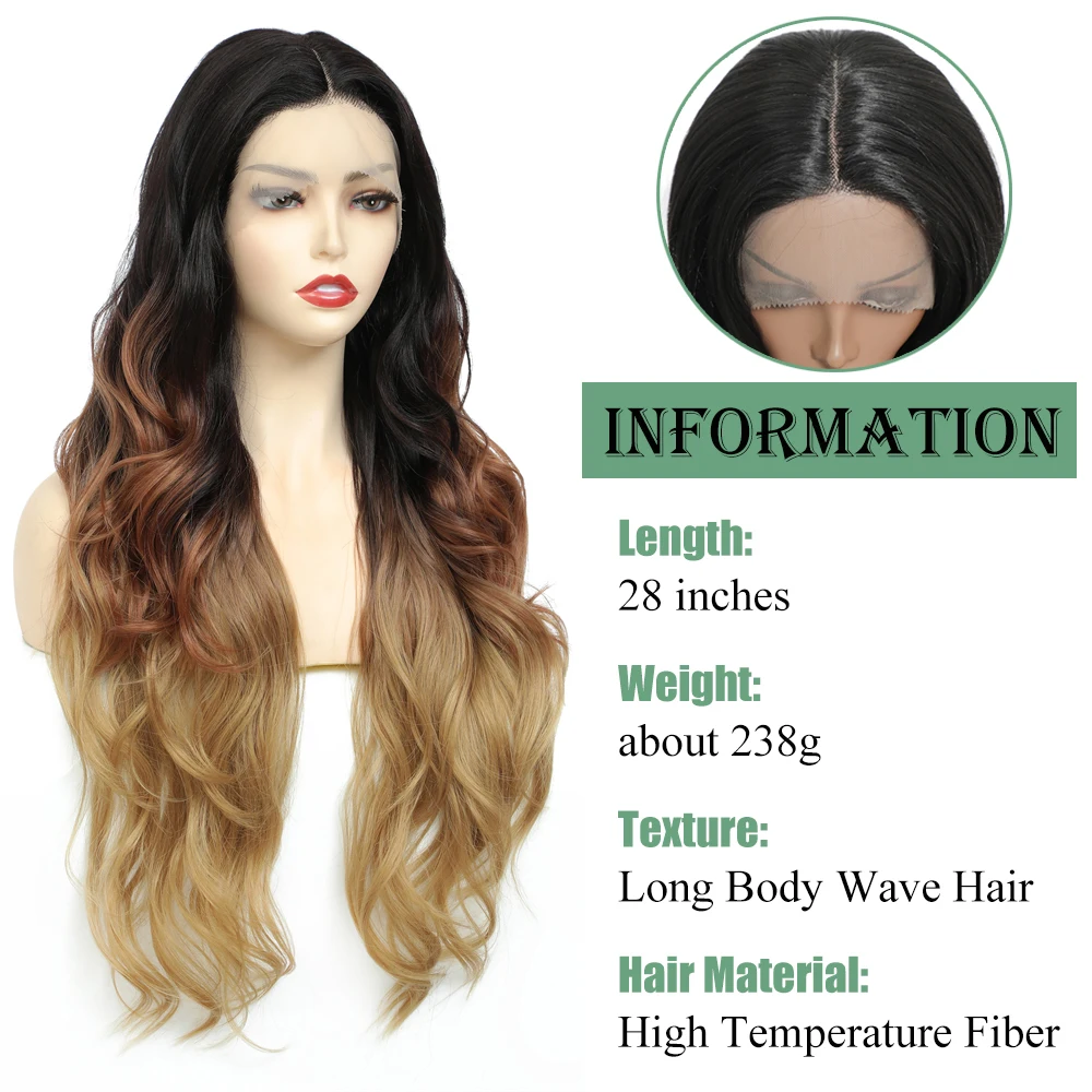 Ombre Brown Blonde Synthetic Lace Front Wig X-TRESS 28 Inch Long Baby Wave Natural Hairstyles Lace Wigs for Black Women Daily