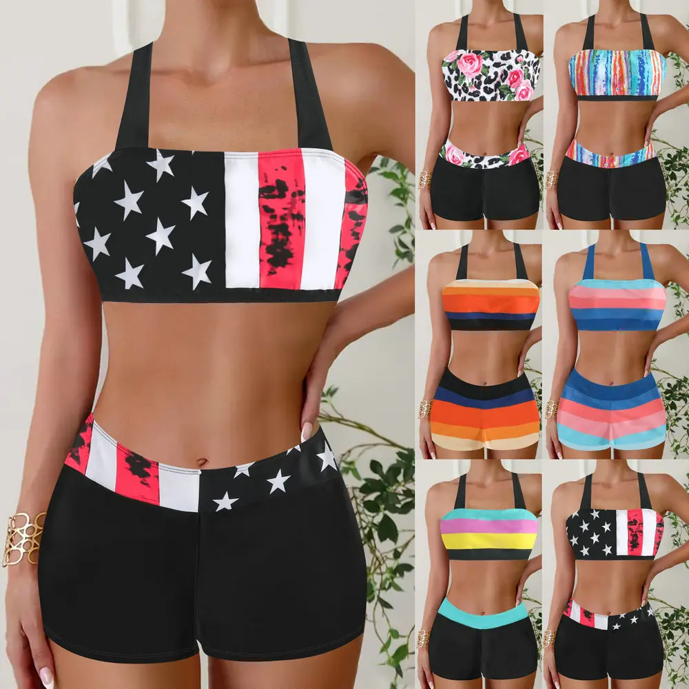

New High Quality Summer Ladies Double Straps Swimsuit Ladies Fashion American Flag Print Vacation Beach Two-piece Swimsuit S-5XL