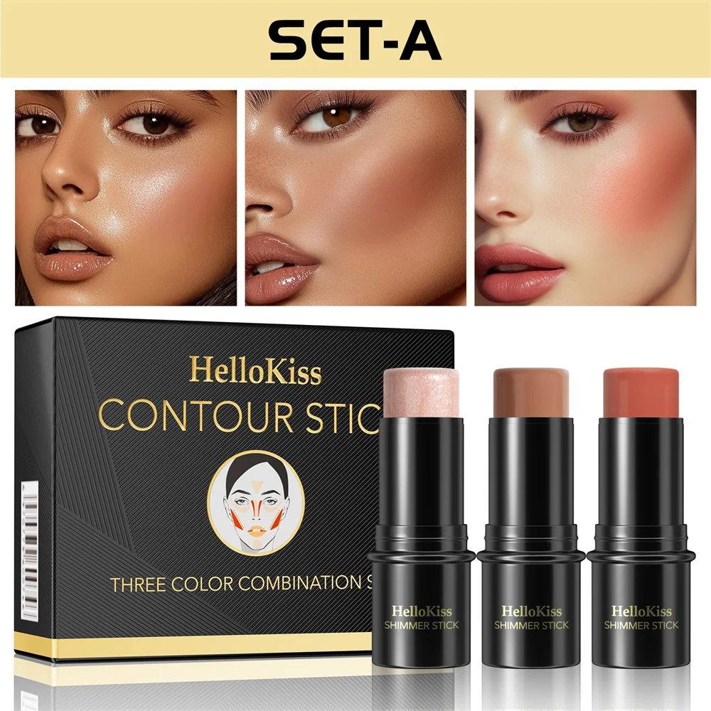1 Juego de 3 Barras de Contorno, Iluminador y Rubor en Crema, Set de 3 Piezas para Contorno Facial, No Grasoso