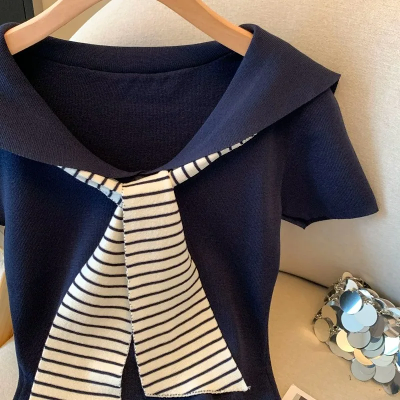 ストライプ柄ストリーマー半袖ニットセーター レディース 2025年夏新作 スリムフィット 無地 フェイクツーピース プルオーバートップス