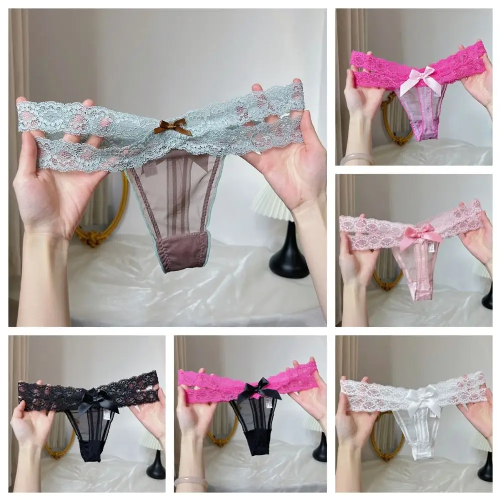 

Fashion Low Waist Lace Mesh Thongs Cotton Crotch Sweet Lace Strap Panties Underpants Bowknot See Through Briefs Women