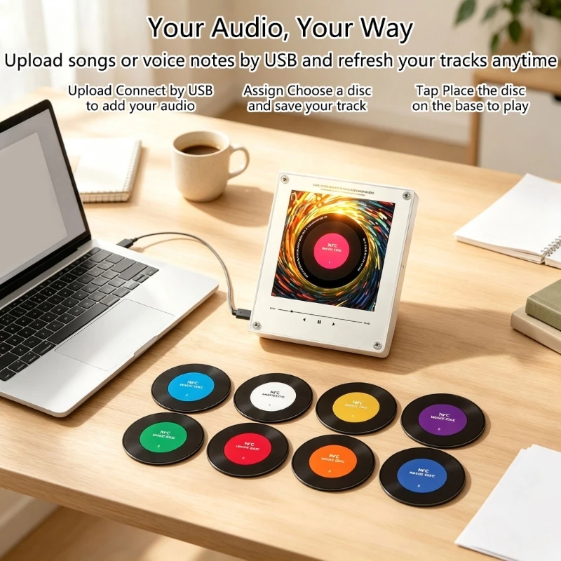 Tap to Play Music Player Fridge Magnets Set with 9 Vinyls Record Audios Disc, USB Rechargeable LED Light Acrylic Music Box, 37JD