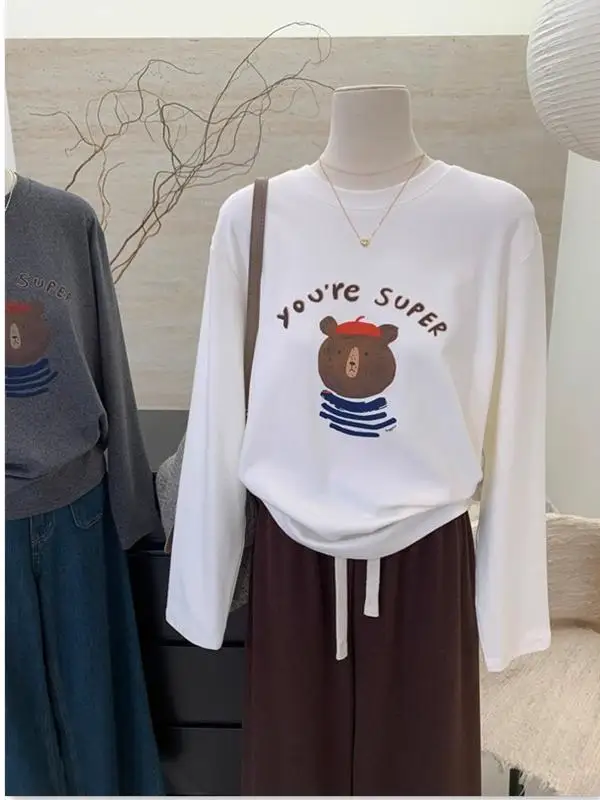 

Retro Japanese Style Long Sleeve Fleece Lined Letter Cartoon Pattern Loose T-Shirt Women's Base Layer Top Winter New Arrival