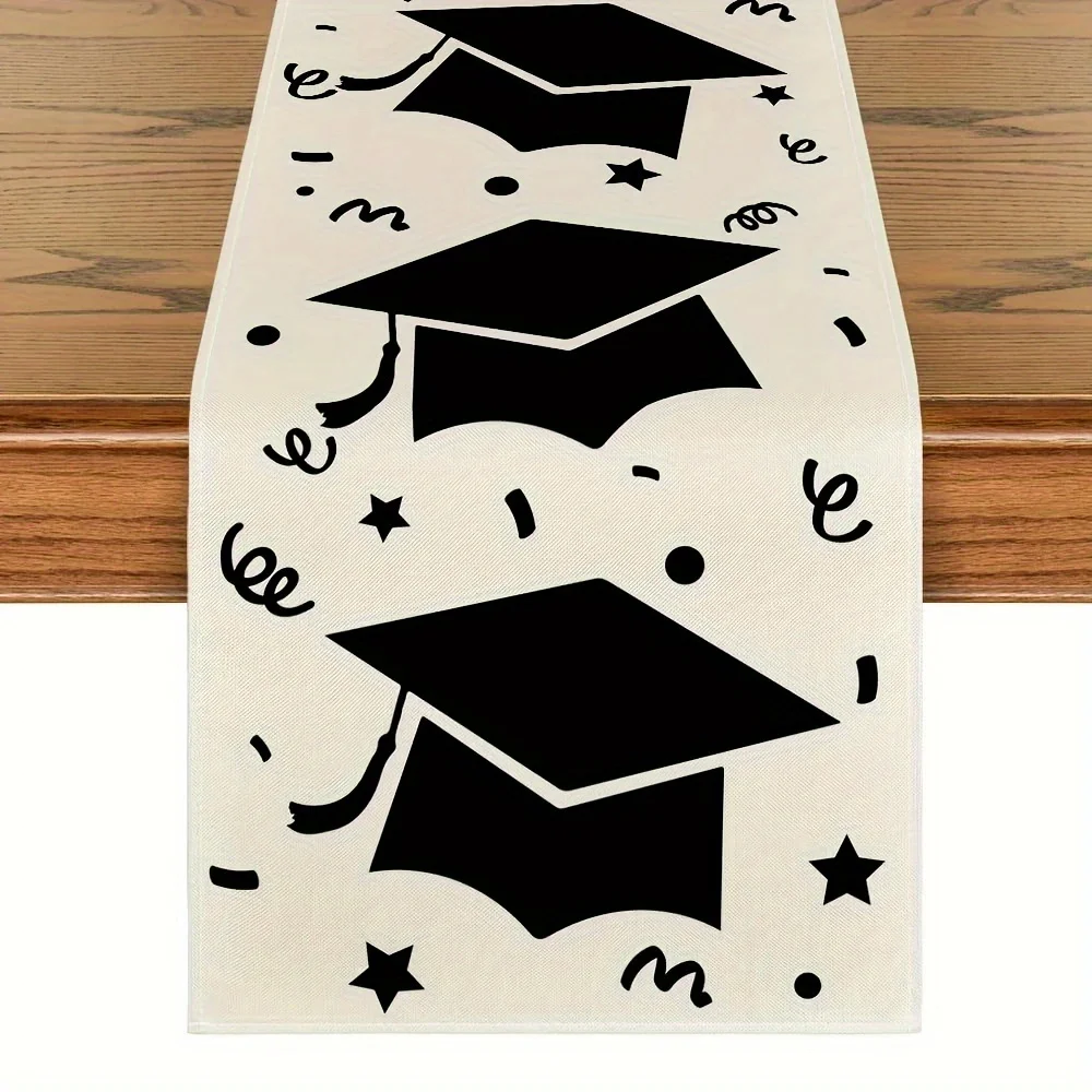 Graduation Black Star Hat Table Runner - Linen Farmhouse Indoor Outdoor Wedding Party Gift Decor