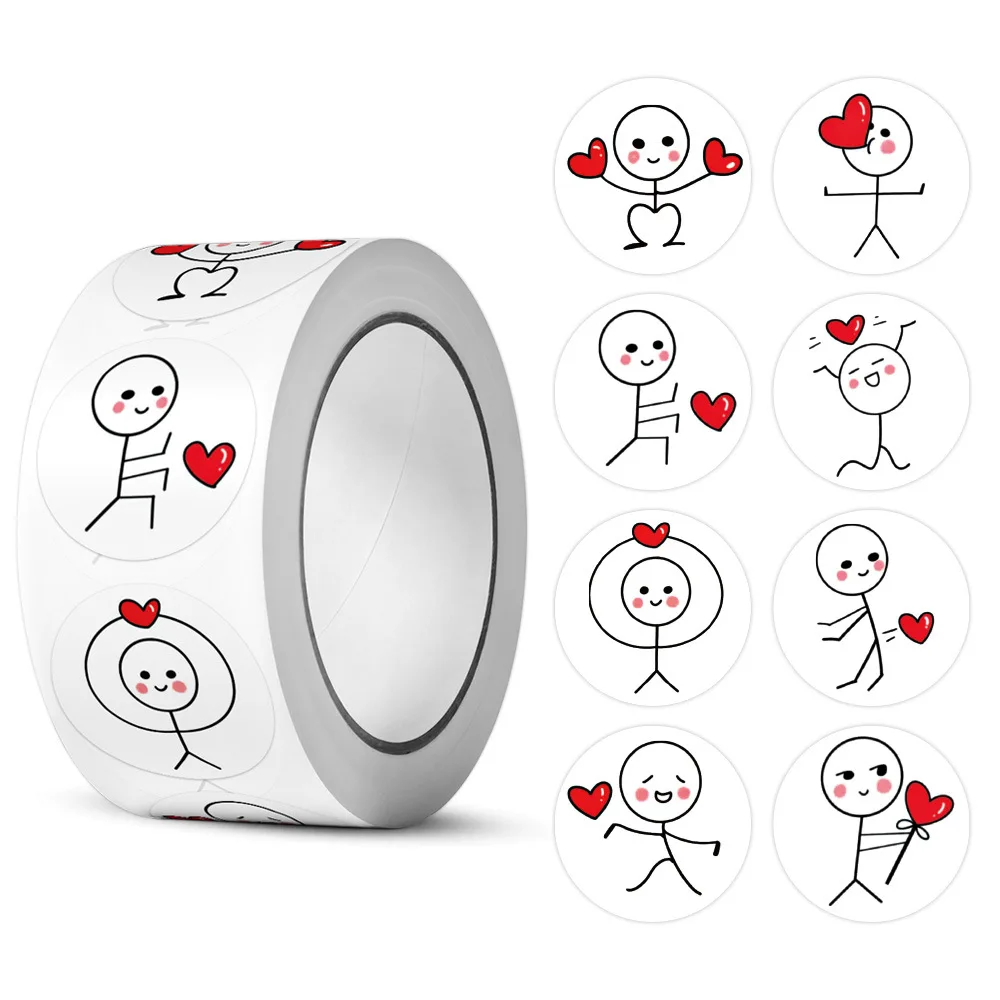 500pcs 20mm Cartoon Reward Sticker Roll Love Adhesive Labels Stickman Sticker for Valentine Wedding Gift Decor Envelope Sealing