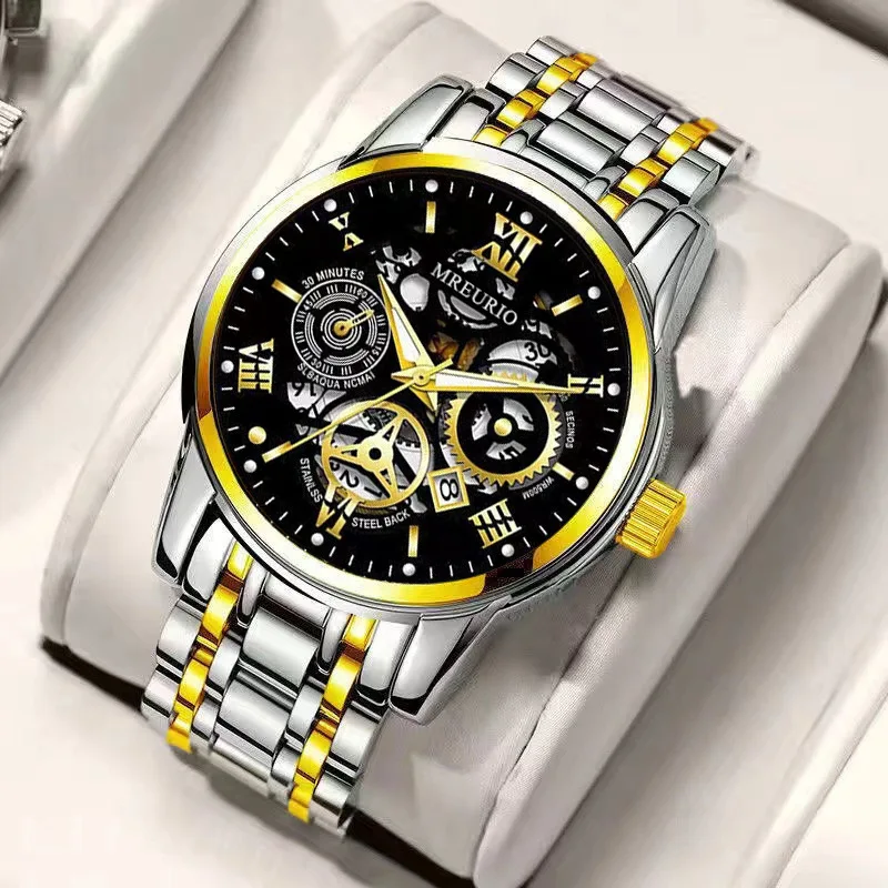 Business Men Quartz Watch Luxury Men Quartz WristWatch Hollow Out Calendar Steel Band Fashion Male Watches