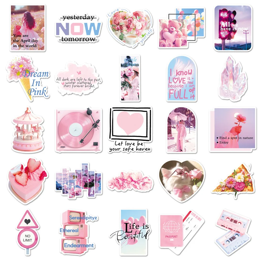 สติกเกอร์สไตล์ INS สีชมพู 50 ชิ้น - สติกเกอร์สร้างสรรค์เหมือนจริงสำหรับตกแต่งกีตาร์ คอมพิวเตอร์ และลำโพง ร้าน RecordingYourLife