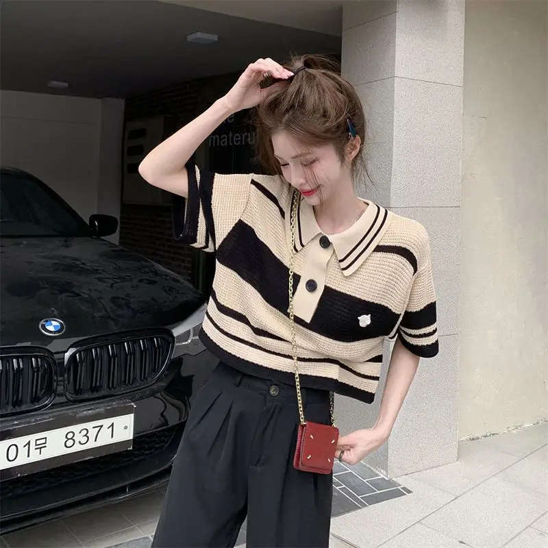 Office Lady Knitting Short Sleeve Shirts Ladies Fashion Striped Tops Summer Temperament Blouses All-match 2024 Women\'s Clothing