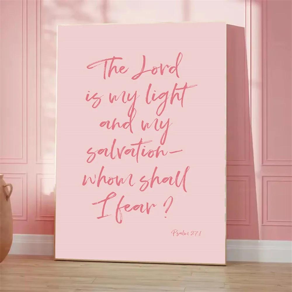 

Pink Bowknot Bible Verse Wall Art Canvas Painting Inspirational Quotes Poster Psalm 27:1 Matthew 5:14 Print Living Room Decor