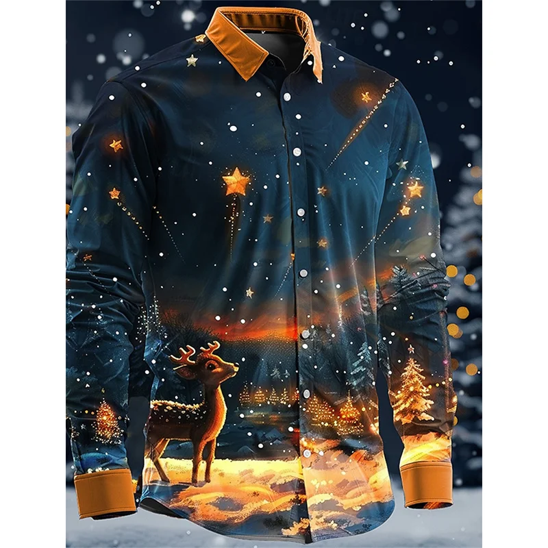 

3D Printed Stars Santa Claus Hawaiian Shirts For Men Tree Reindeer Pattern Aloha Shirts Loose Long Sleeve Lapel Tops Blouse