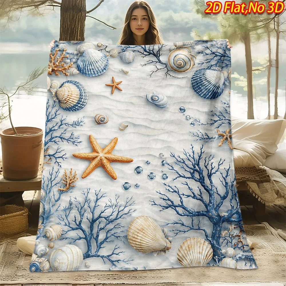 1pc 2D Flat Printing Spring And Summer New Arrival Marine Shell Starfish Theme Pattern Digital Print Blanket, Throw Blanket, Sof