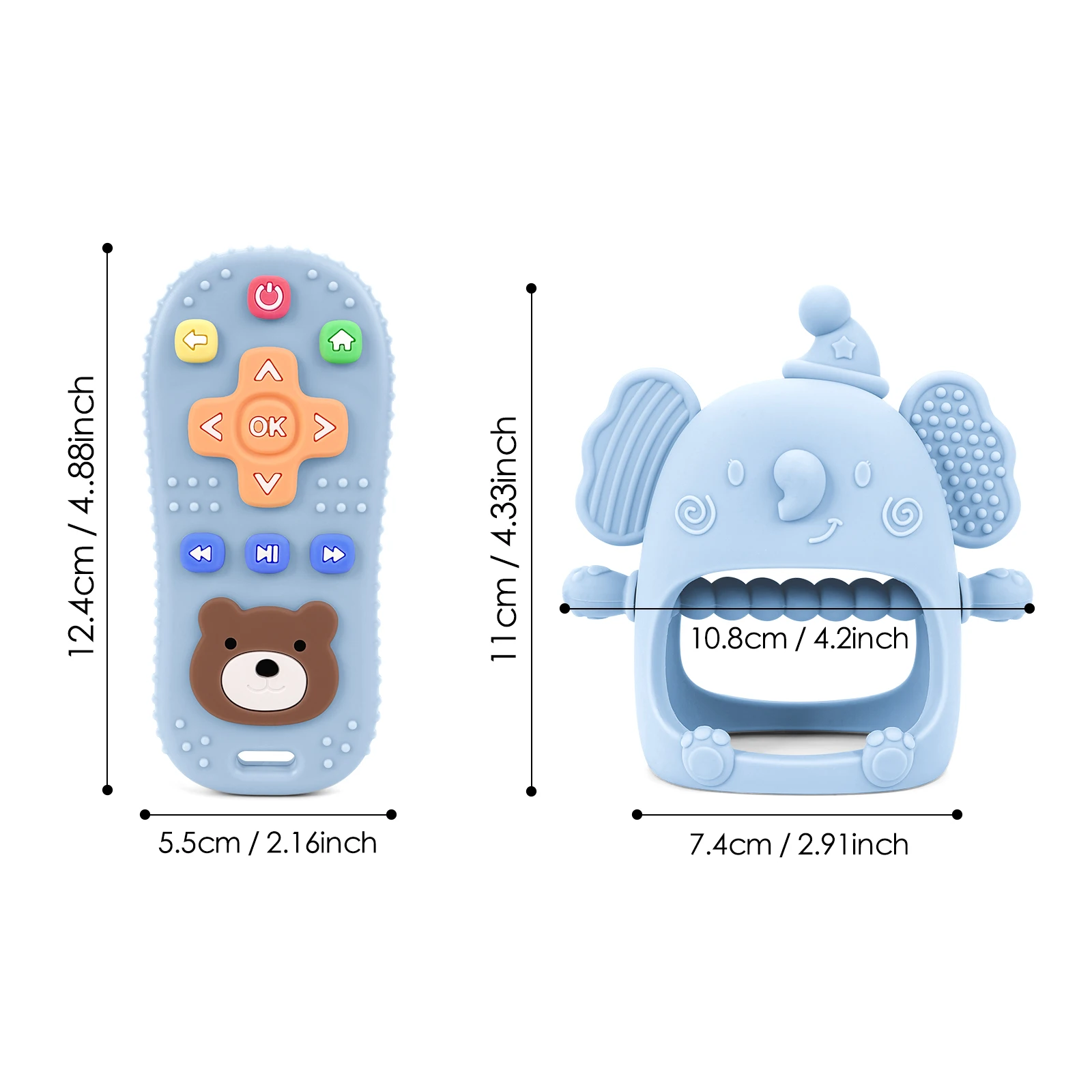 2PCS Silicone Baby Teether Gloves Anti-Eating Cartoon Elephant Pacifier Bracelet with Teething Remote Control Toys for Infants