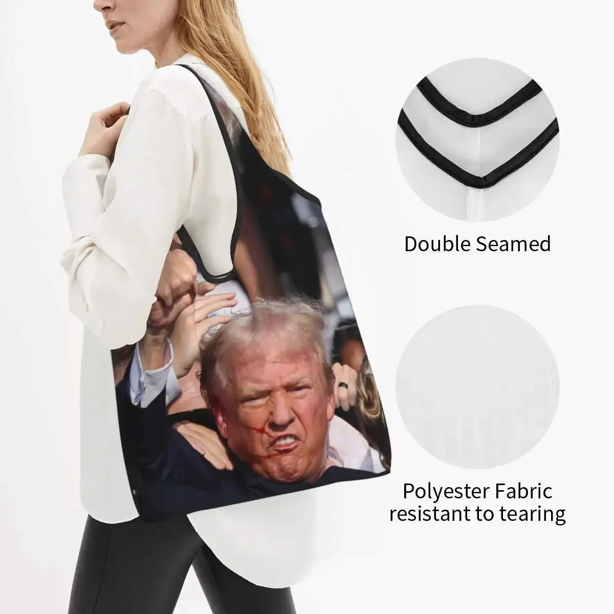 Custom Donald Trump's Bullet Pierced His Ear Grocery Shopping Tote Bag Women Custom Shoulder Shopper Bag Large Capacity Handbags