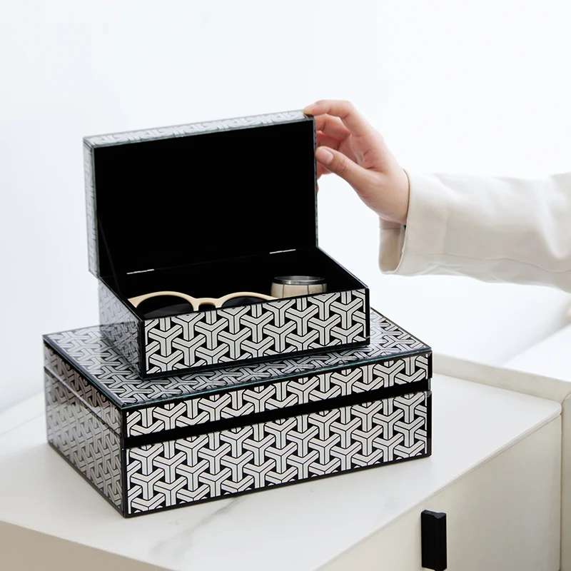 Glass Surface Black And White Geometric Texture Decorative Box Ornaments Sample Room Bedroom Living Room Storage Box Decorations