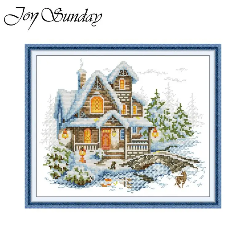 Joy Sunday Cross Stitch Kit Winter Lodge HD Pattern Printed Counted Fabric Aida 16CT 14CT 11CT DIY Embroidery Sets Home Decor