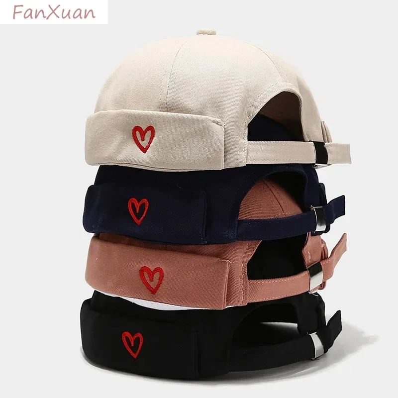 Cute Heart Embroidery Dome Hat Unisex Brimless Beanie Cap Solid Color Yuppies Docker Hat Adjustable Beanies Skullcap